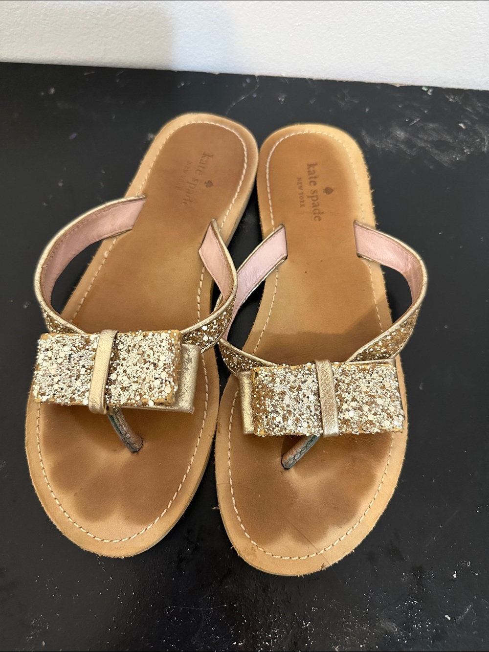 kate spade Gold Glitter Bow Toe-Post Sandals - Women